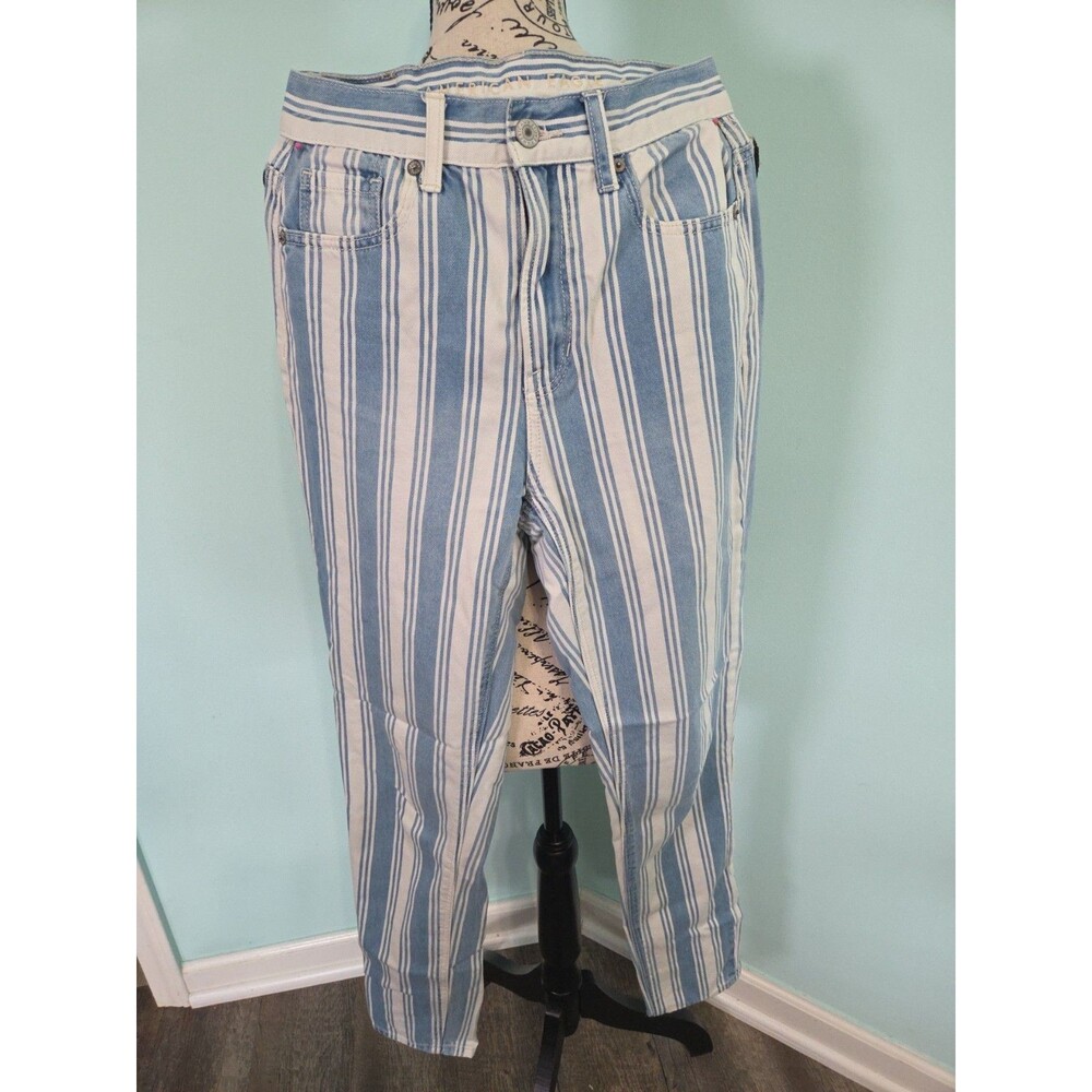 American Eagle Jeans 00 long Mom Jean Striped Blue White High Rise Denim